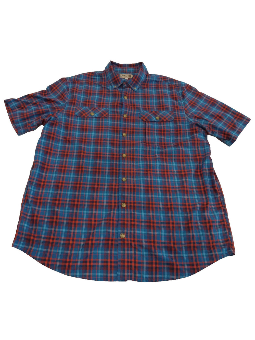 Duluth Trading Co Shirt Mens XL Tall XLT Blue Red Plaid Short Sleeve Button